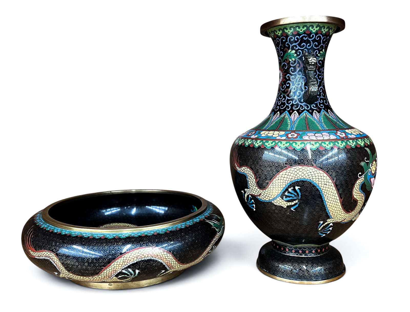 2pc Old Chinese Black Cloisonne Dragon Vase and Brush Washer - 4