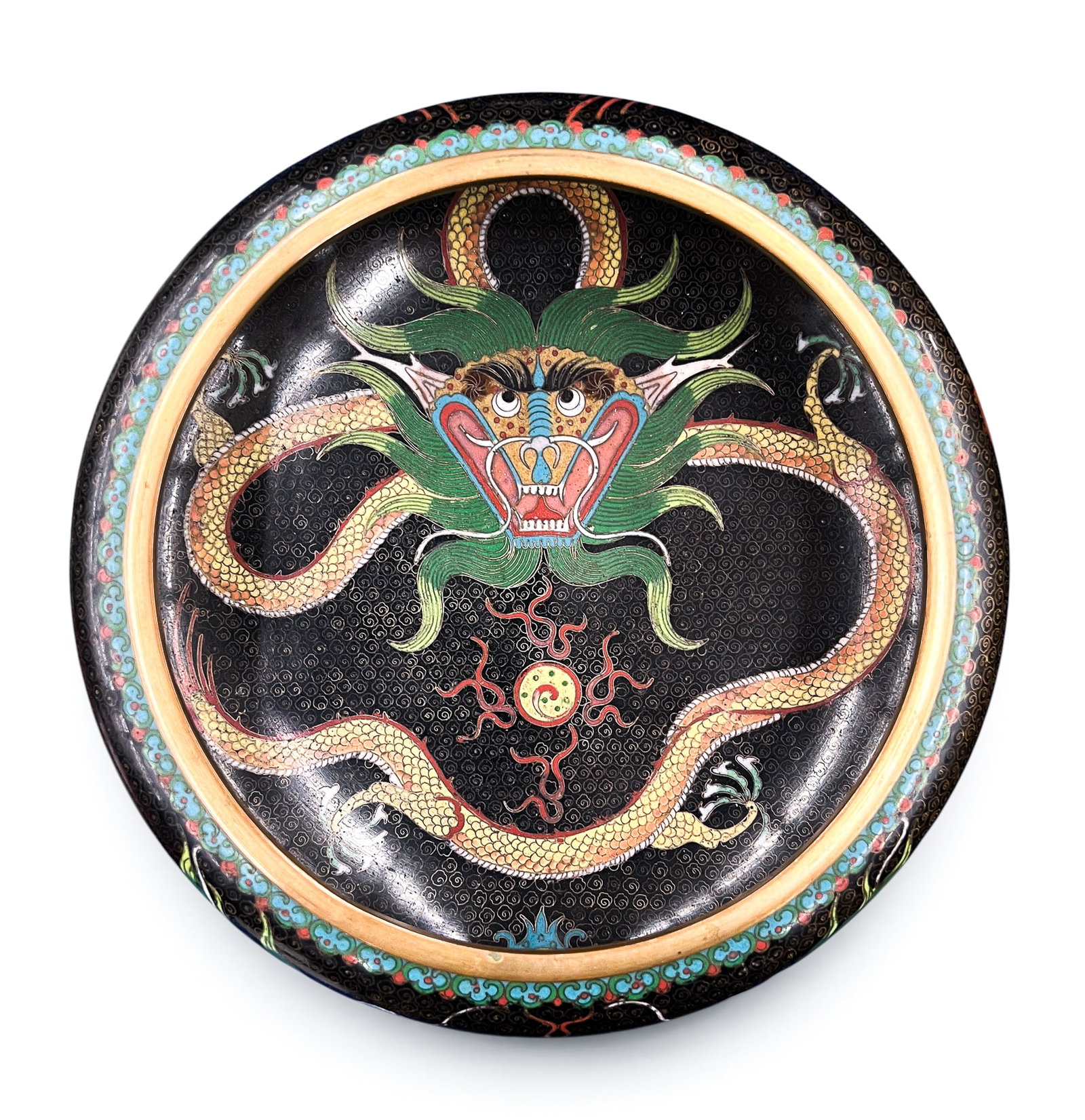 2pc Old Chinese Black Cloisonne Dragon Vase and Brush Washer - 5