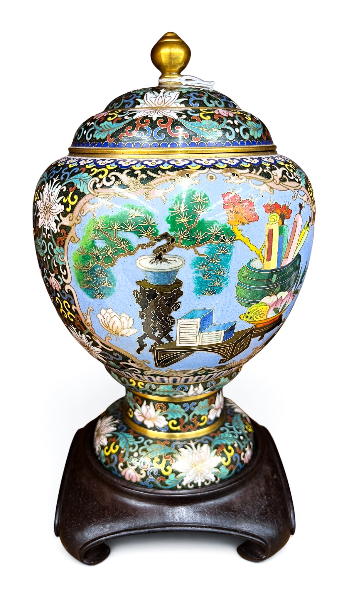 Chinese Cloisonne Scholar's Objects Covered Urn on Stand (1 of 7)