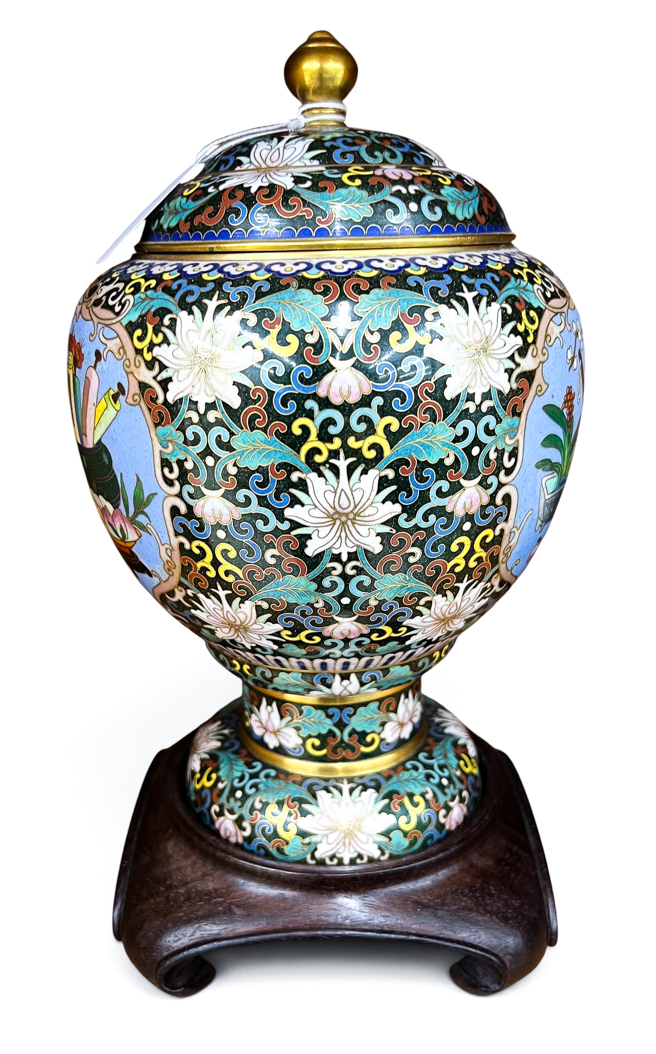 Chinese Cloisonne Scholar's Objects Covered Urn on Stand - 2