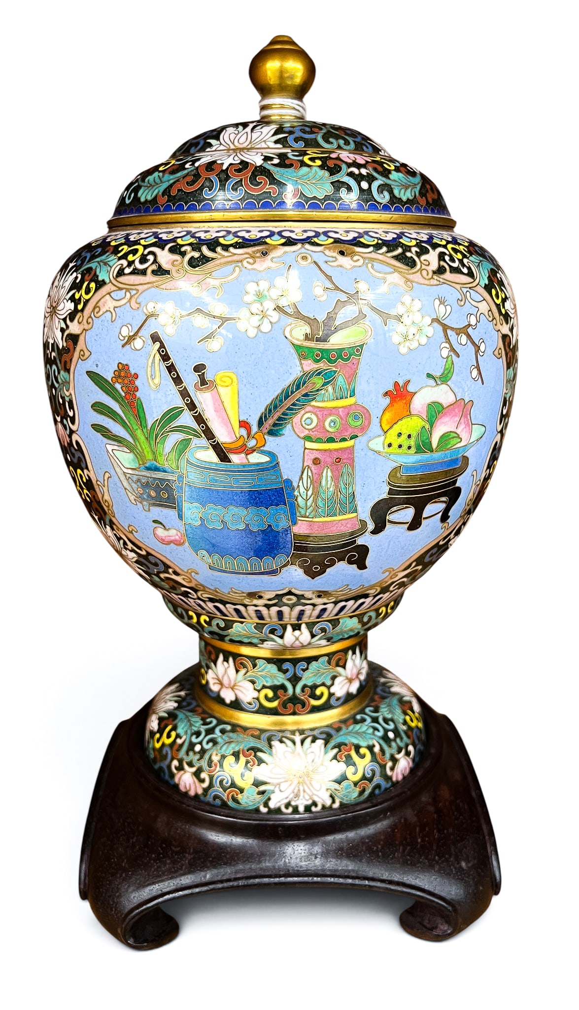 Chinese Cloisonne Scholar's Objects Covered Urn on Stand - 3