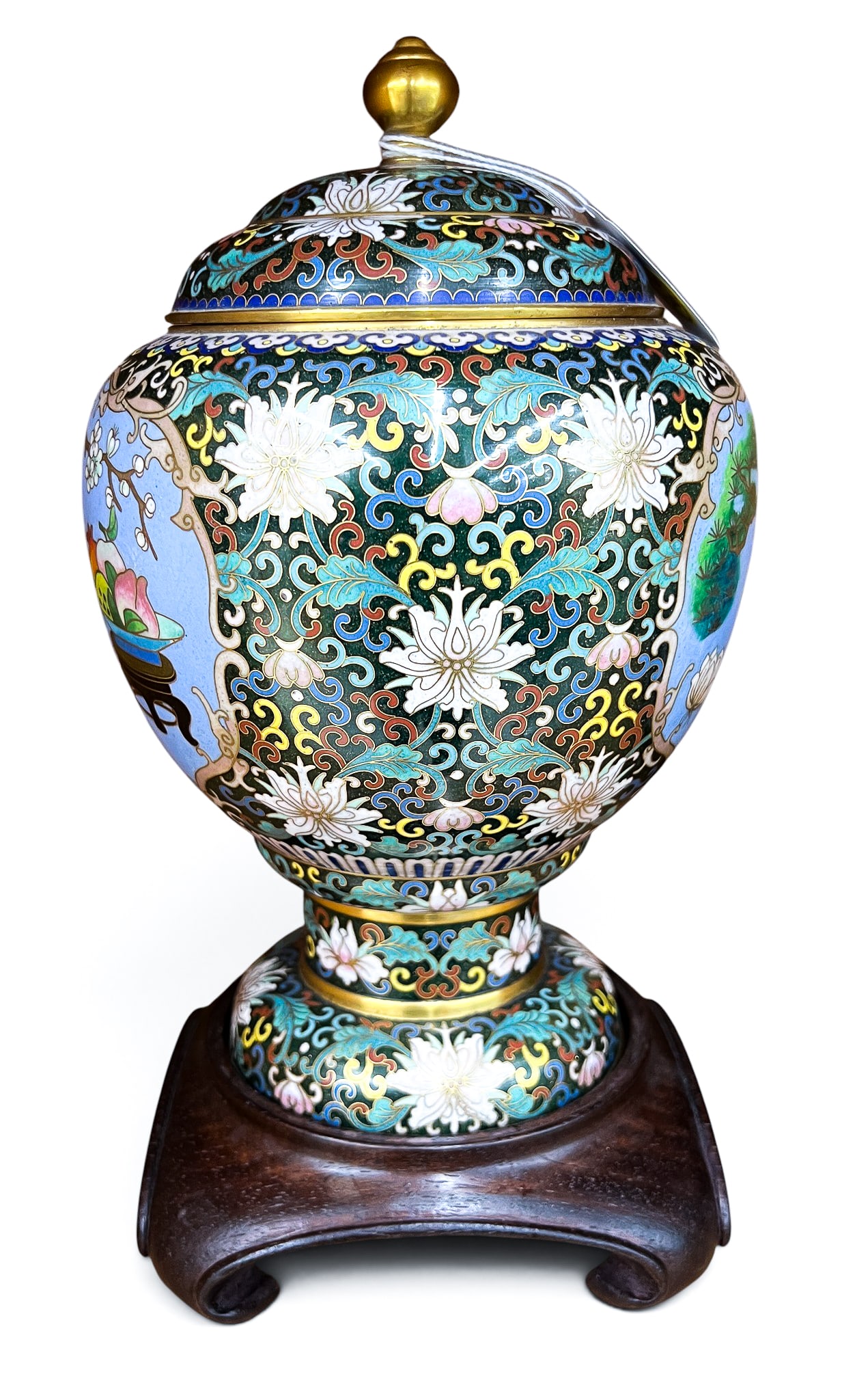 Chinese Cloisonne Scholar's Objects Covered Urn on Stand - 4