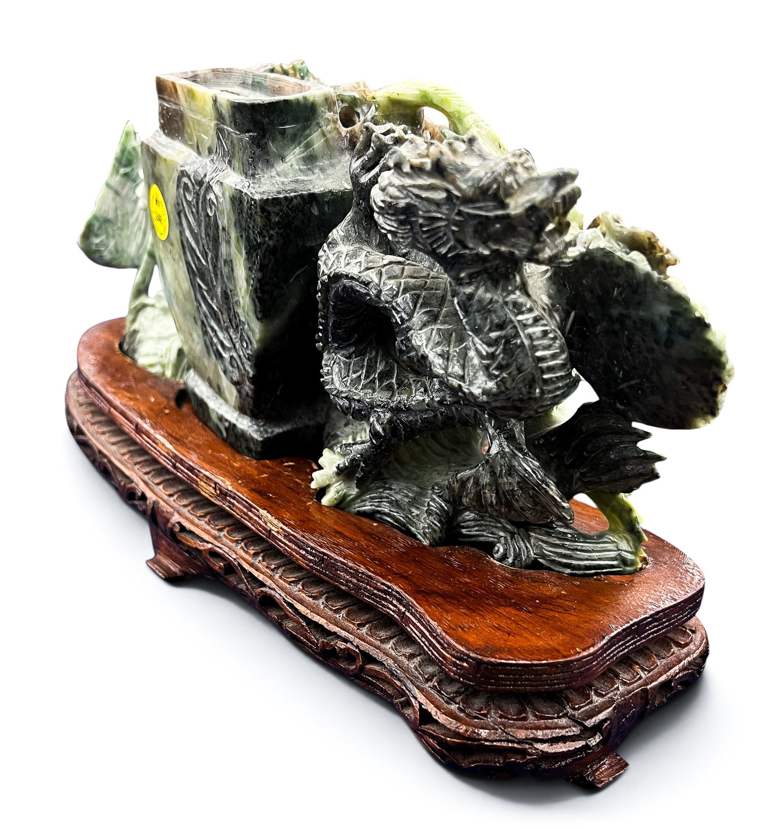Old Chinese Jade Phoenix and Dragon Vase on Stand - No Lid - 2