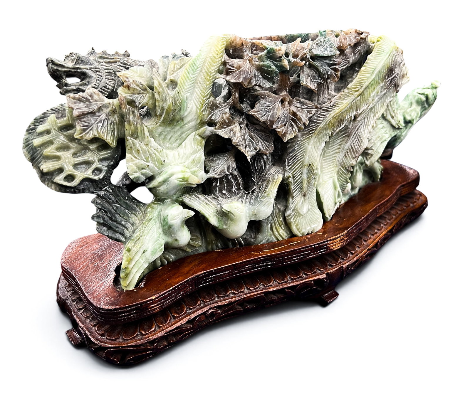 Old Chinese Jade Phoenix and Dragon Vase on Stand - No Lid - 3