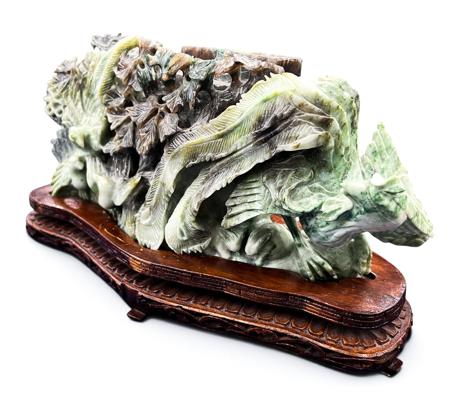Old Chinese Jade Phoenix and Dragon Vase on Stand - No Lid - 4