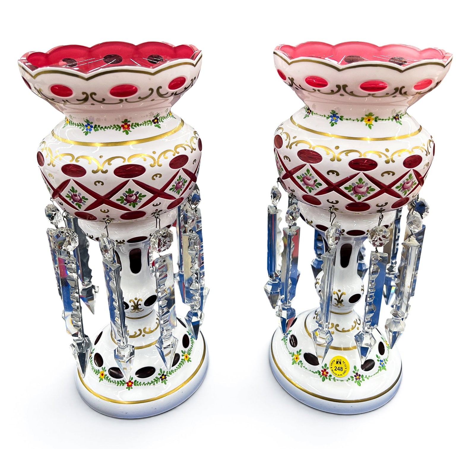 Pair Bohemian Cranberry Cut Overlay Glass Lusters (1 of 6)