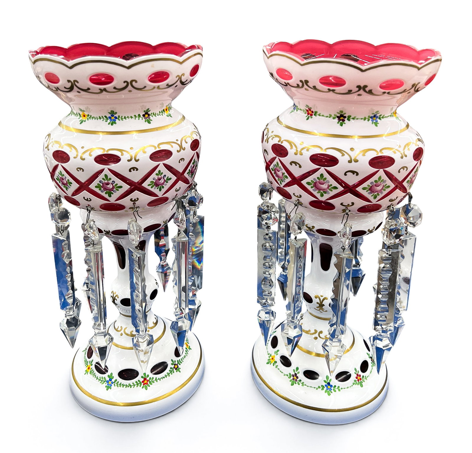 Pair Bohemian Cranberry Cut Overlay Glass Lusters - 2