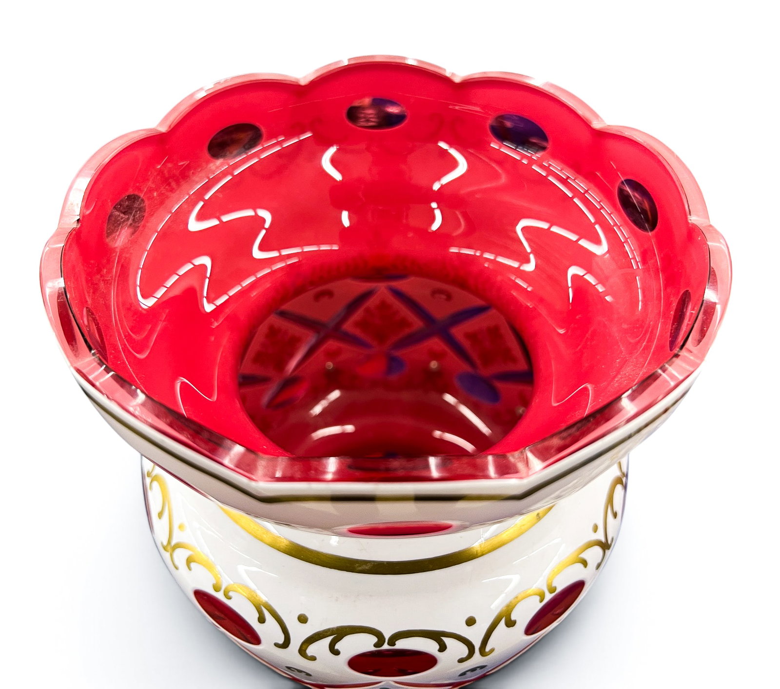 Pair Bohemian Cranberry Cut Overlay Glass Lusters - 3