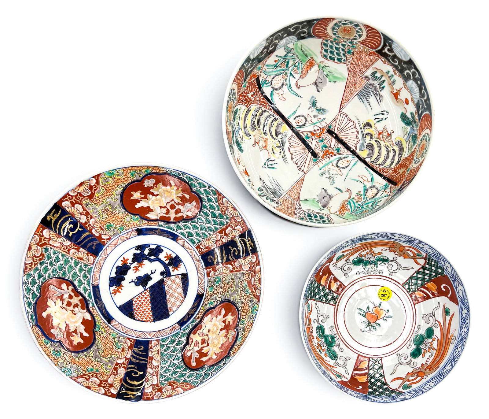 3pc Old Japanese Imari Porcelain Bowls and Charger - 2