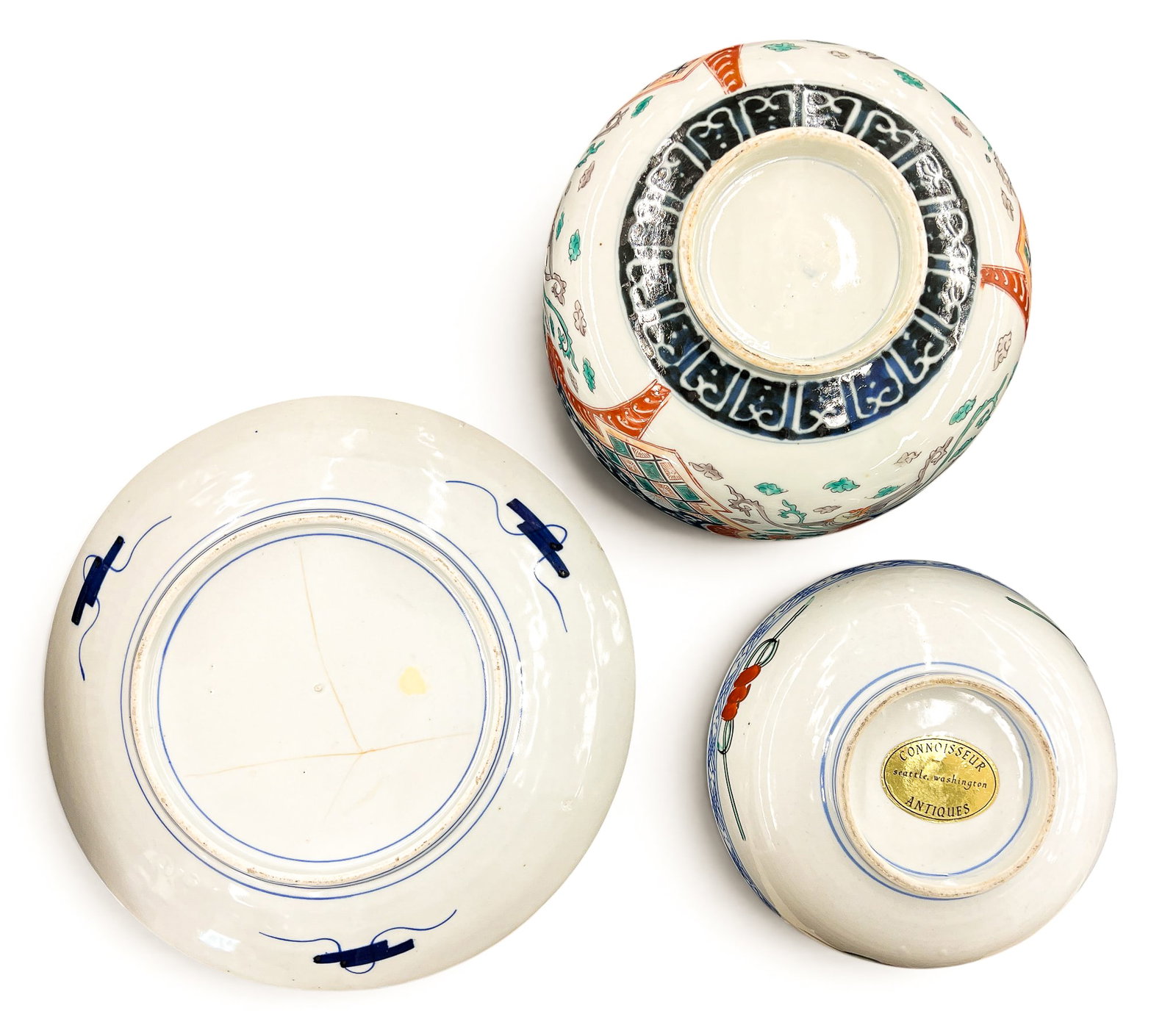 3pc Old Japanese Imari Porcelain Bowls and Charger - 3