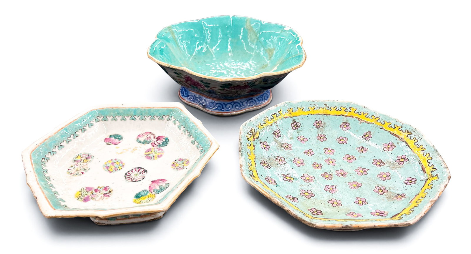 3pc Antique Chinese Porcelain Pedestal Dishes as-is (1 of 3)
