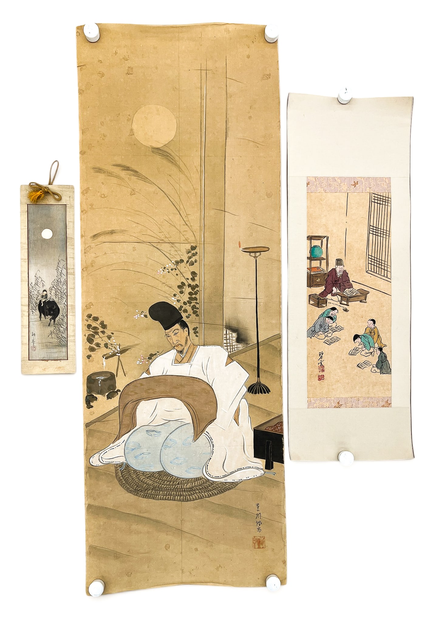 3pc Old Japanese Scroll Paintings and Woodblock Print (1 of 1)