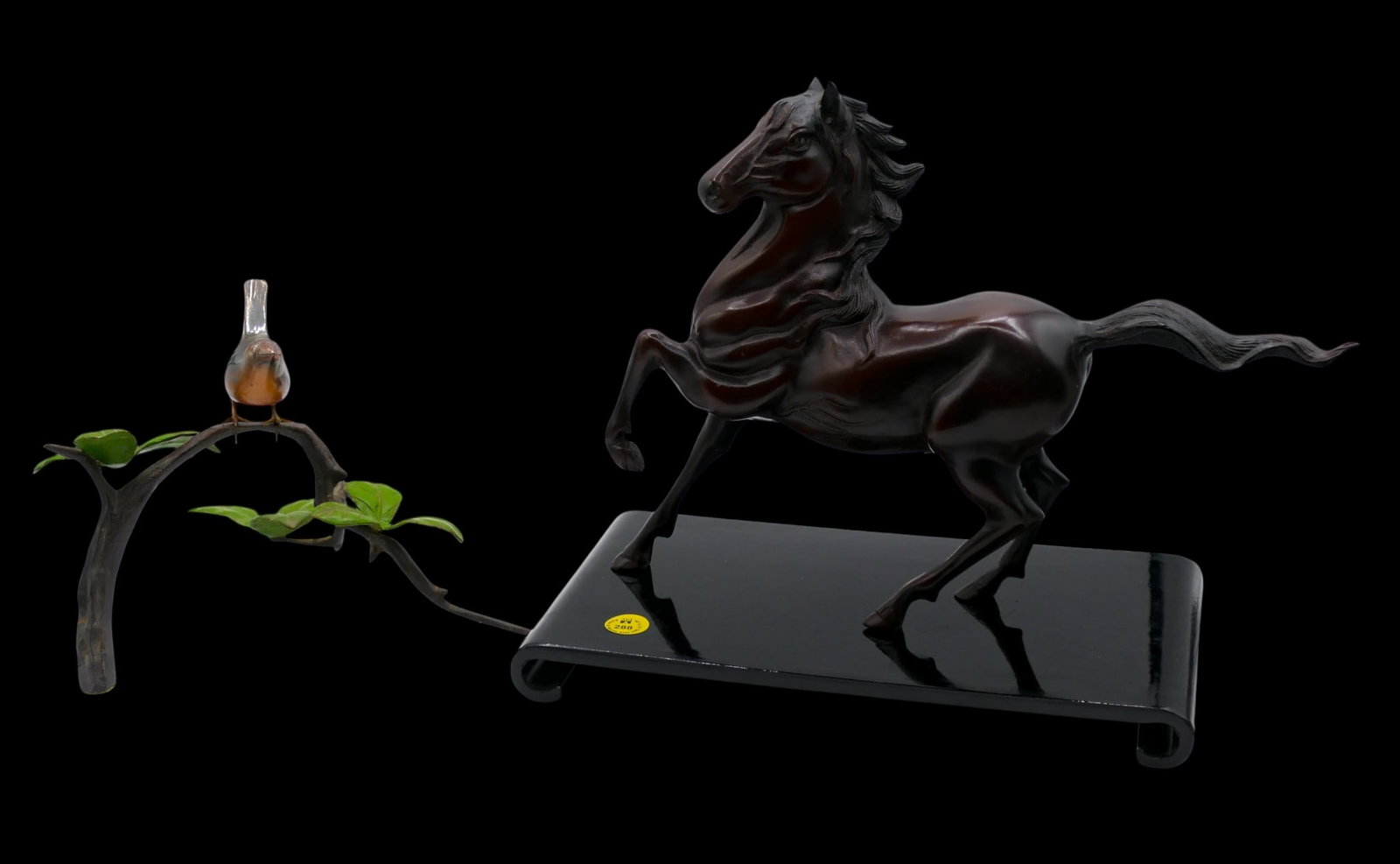2pc Vintage Japanese Bronze Horse and Bird Okimonos: 2pc Vintage Japanese Bronze Horse and Bird Okimonos 7" to 12". Includes lacquer stand.