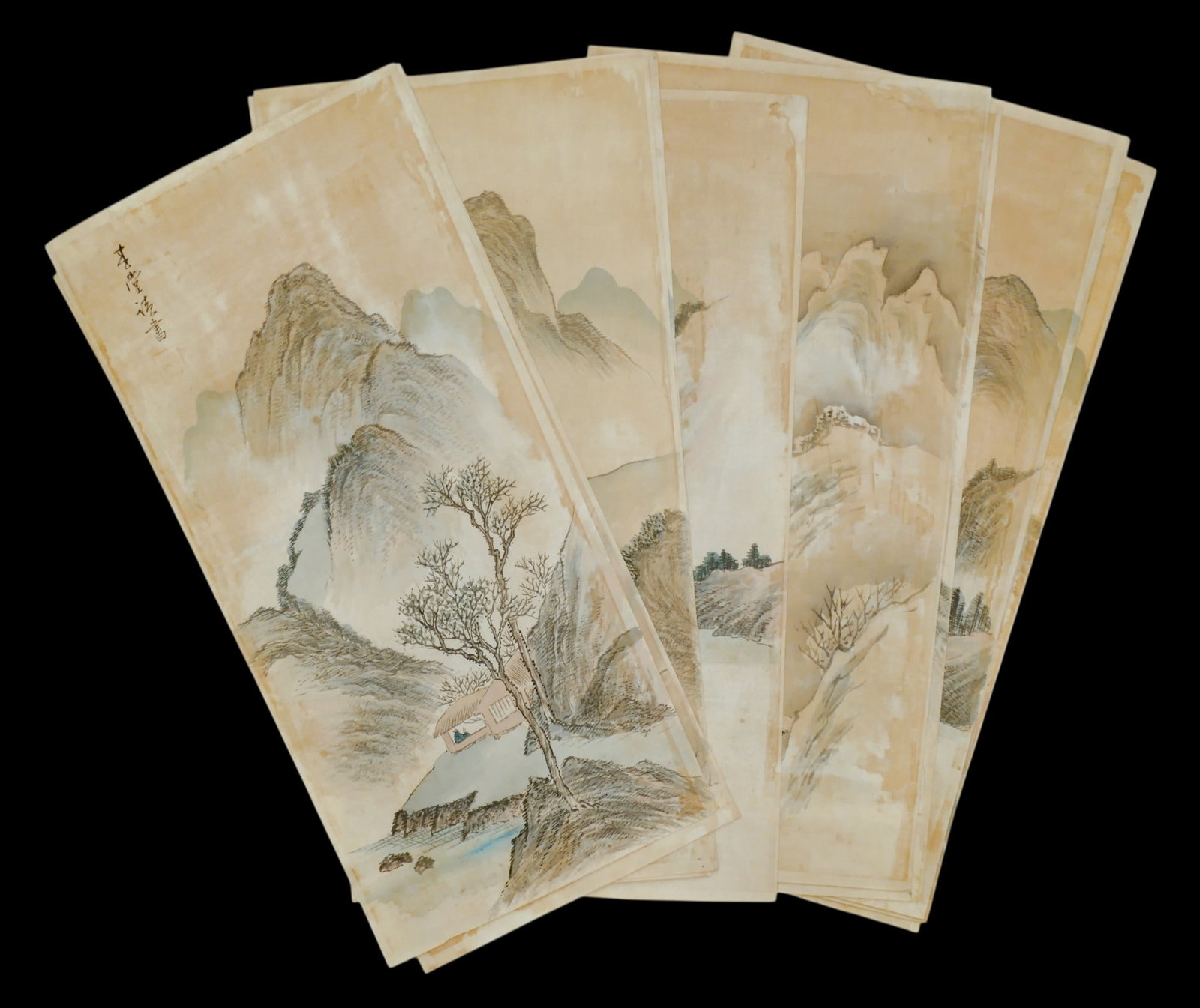 10pc Old Korean Literati Landcape Paintings on Silk: 10pc Old Korean Literati Landcape Paintings on Silk 25"x13". Various mountainous landscape images. Signed with calligraphy and red artist seal. Some scattered staining and toning to edgs.