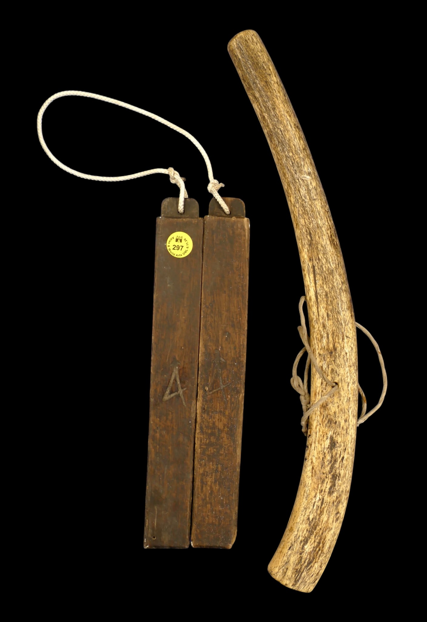 2pc Antique Japanese Hyoshigi Instrument and Bone Implement: 2pc Antique Japanese Hyoshigi Instrument and Bone Implement 10.5" to 17". Scattered surface wear from use.