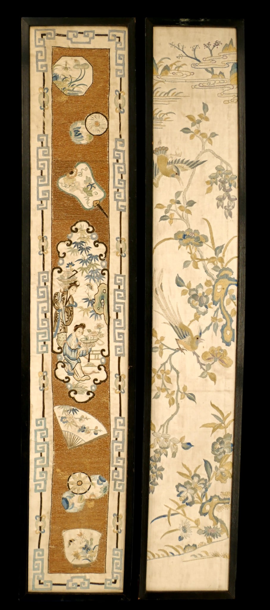 2pc Antique Chinese Silk Embroidered Sleeve Panels Framed (1 of 1)