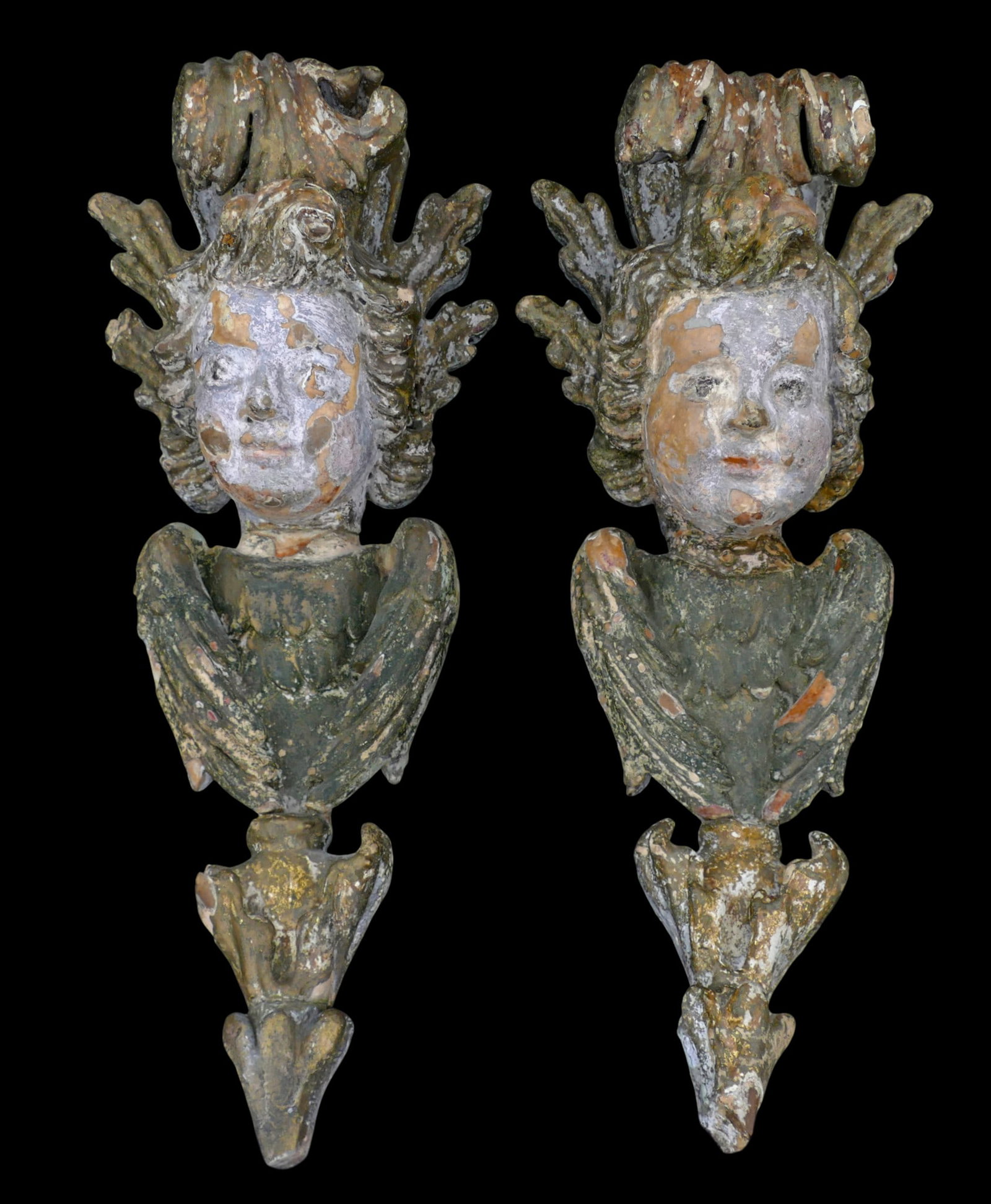 Pair Antique Italian Baroque Gilt Wood Angel Wall Plaques (1 of 1)