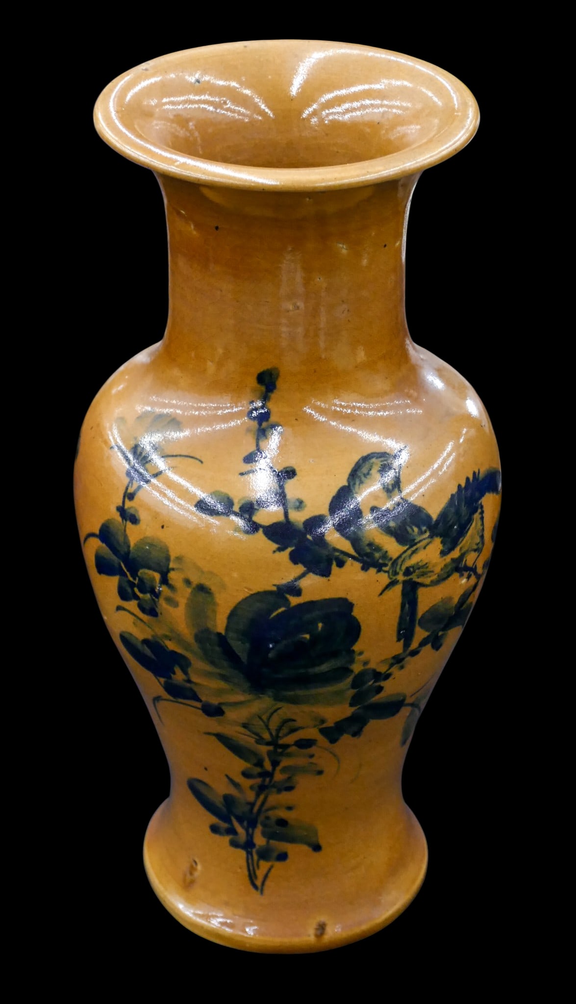 Old Chinese Mustard Glazed Decorated Bird Vase (1 of 1)
