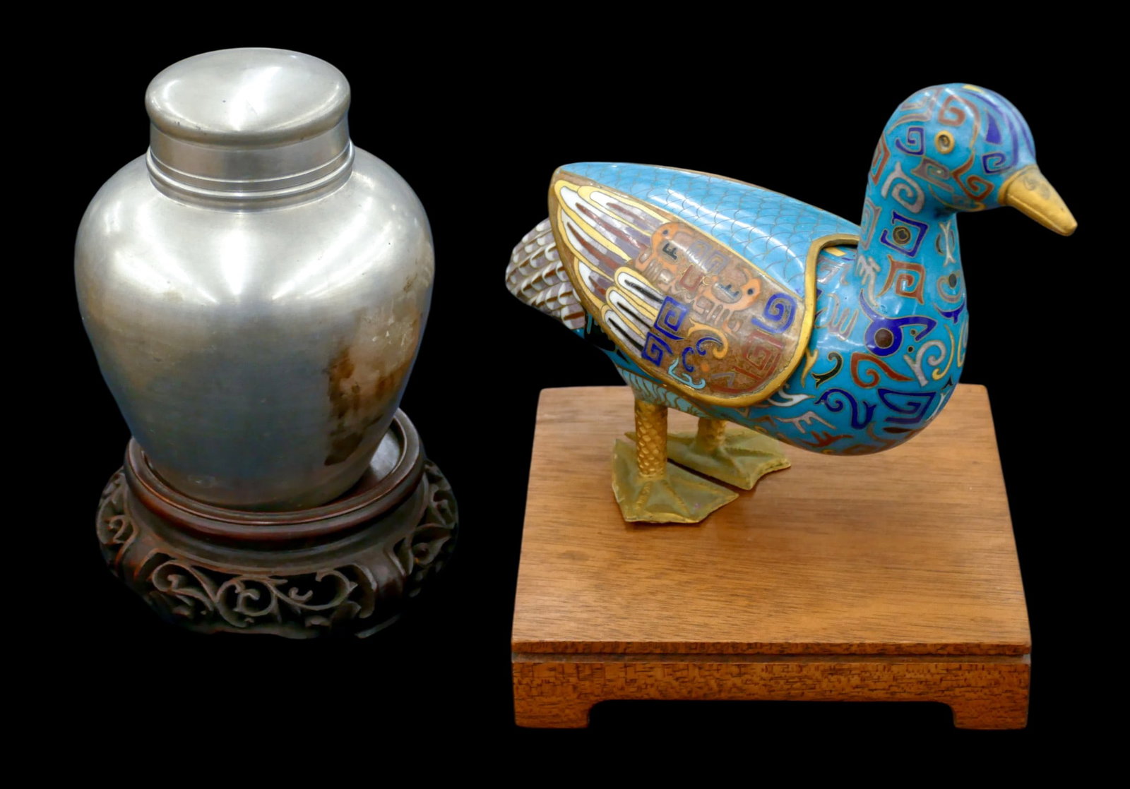 2pc Old Chinese Cloisonne Bird and Pewter Tea Jar (1 of 1)
