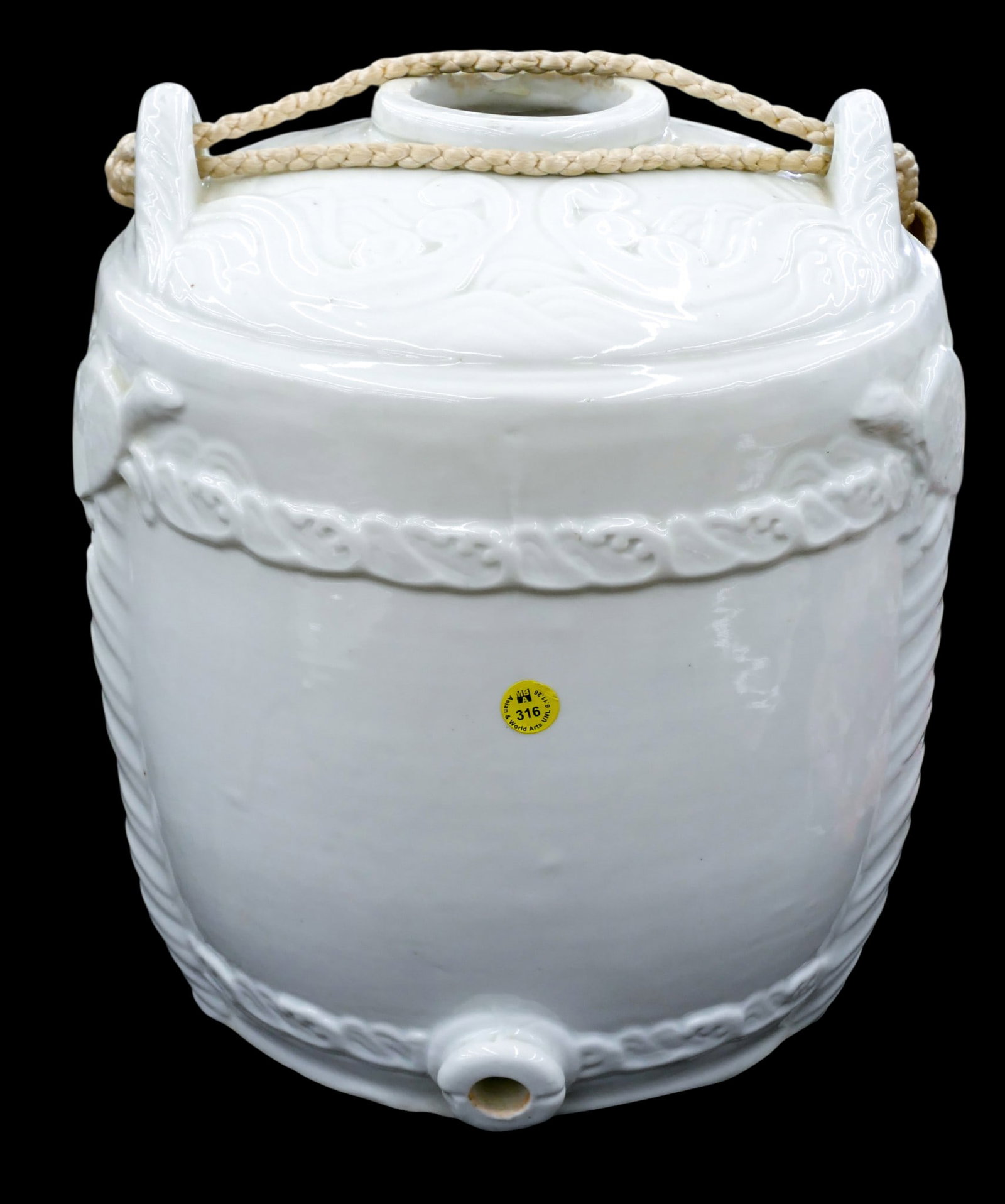 Old Japanese Large White Porcelain Sake Cask Jug: Old Japanese Large White Porcelain Sake Cask Jug 14"x12". Relief molded turtle motifs. Some minor chipping to top spout.
