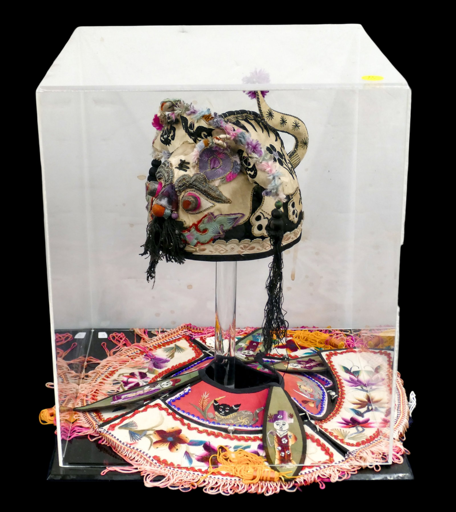 Old Chinese Embroidered Festival Child's Hat and Collar in Case (1 of 1)