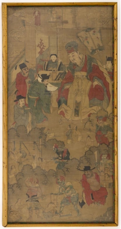 Antique Chinese Emperor Shaohao Painting on Silk Framed: Antique Chinese Emperor Shaohao Painting on Silk Framed 58"x30". Some scattered old repairs and damage from age. 18th century, Qing dynasty.
