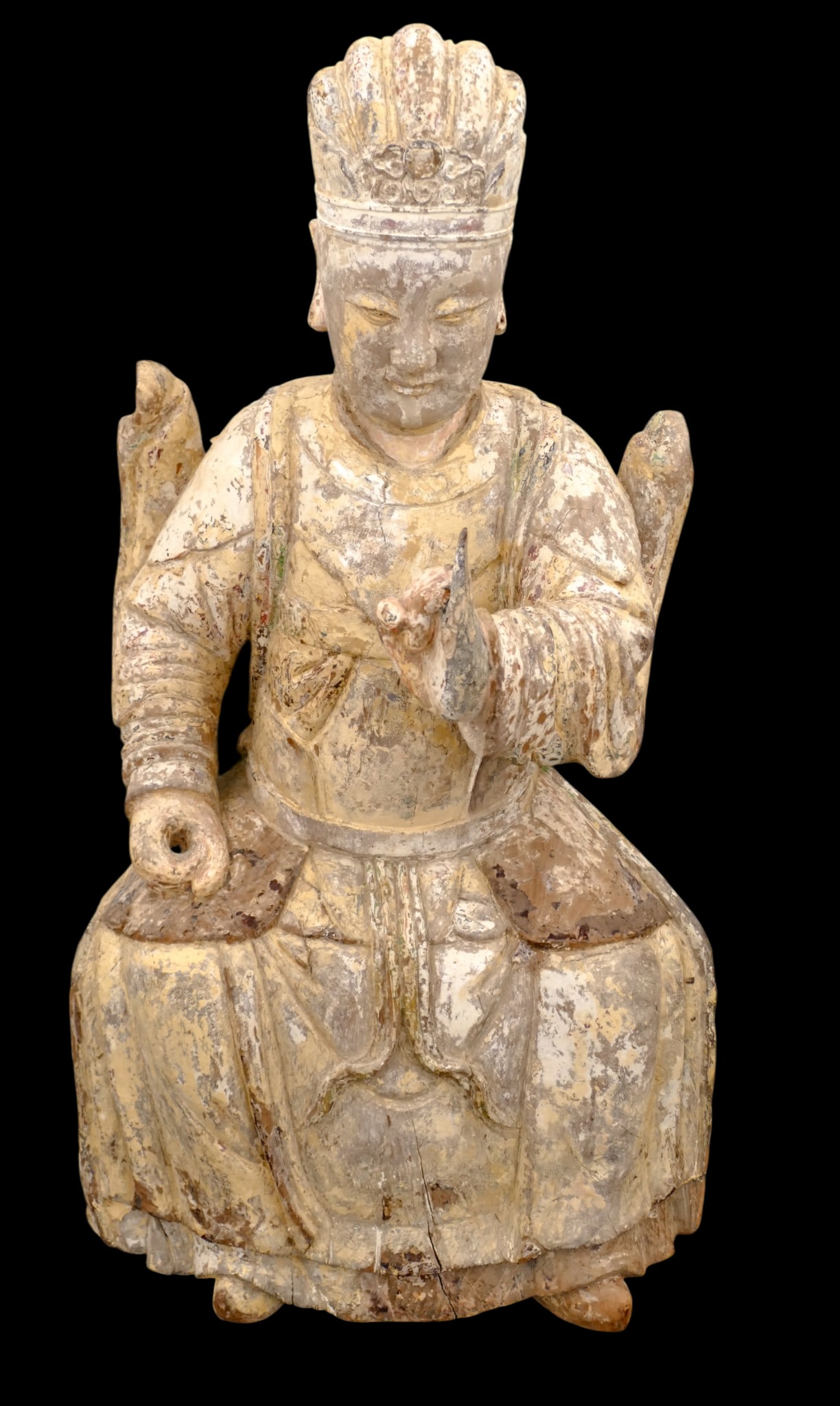 Chinese Ming Style Wenchen Wang Polychrome Wood Statue: Chinese Ming Style Wenchen Wang Polychrome Wood Statue 31"x18". Comes on custom steel stand. Scattered surface wear.