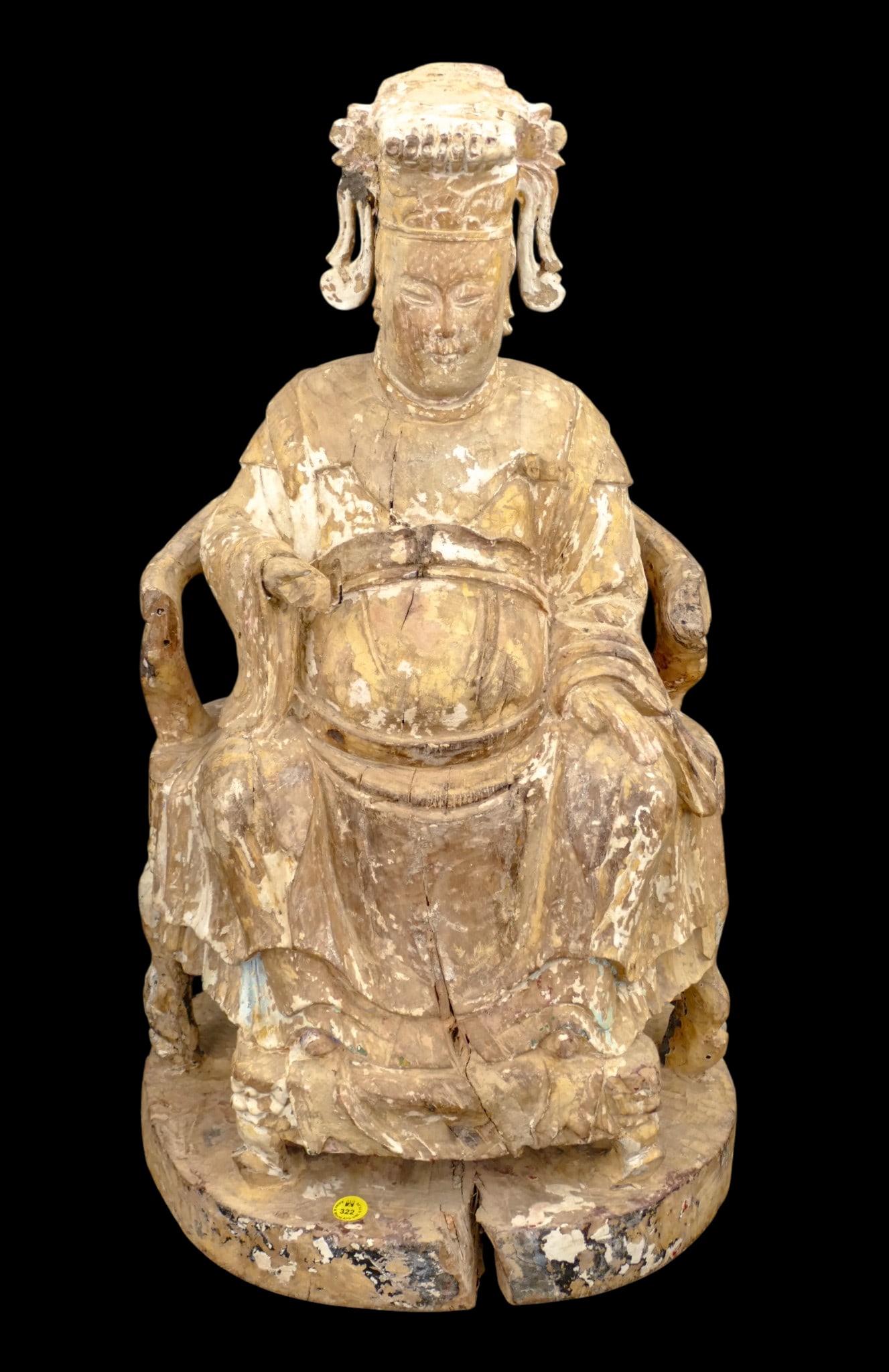 Chinese Ming Style Seated Figure Polychrome Wood Statue: Chinese Ming Style Seated Figure Polychrome Wood Statue 25"x13". Scattered surface wear and age cracks to wood.