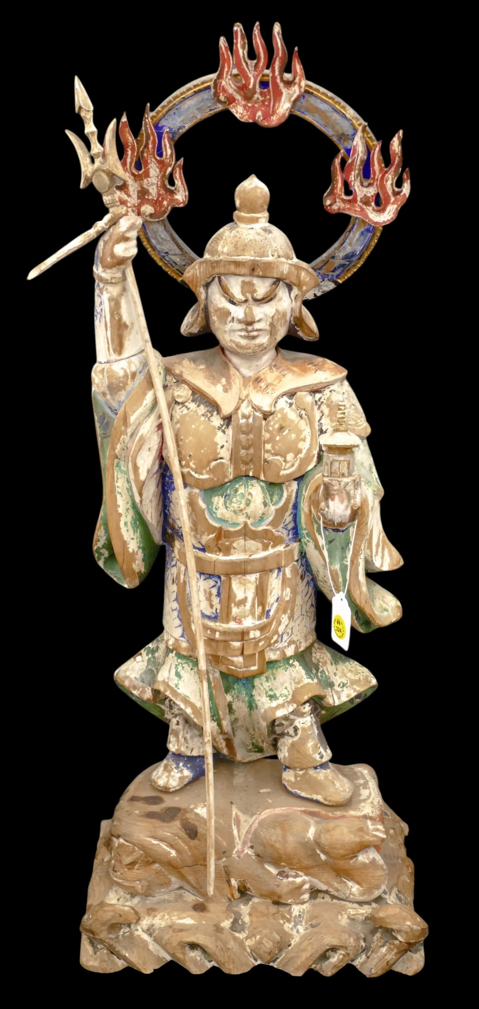 Old Japanese Tamonten Bishamonten Polychrome Wood Statue: Old Japanese Tamonten Bishamonten Polychrome Wood Statue 28"x11". Depicting one of the Shitenno Heavenly Kings. Scattered surface wear from age.