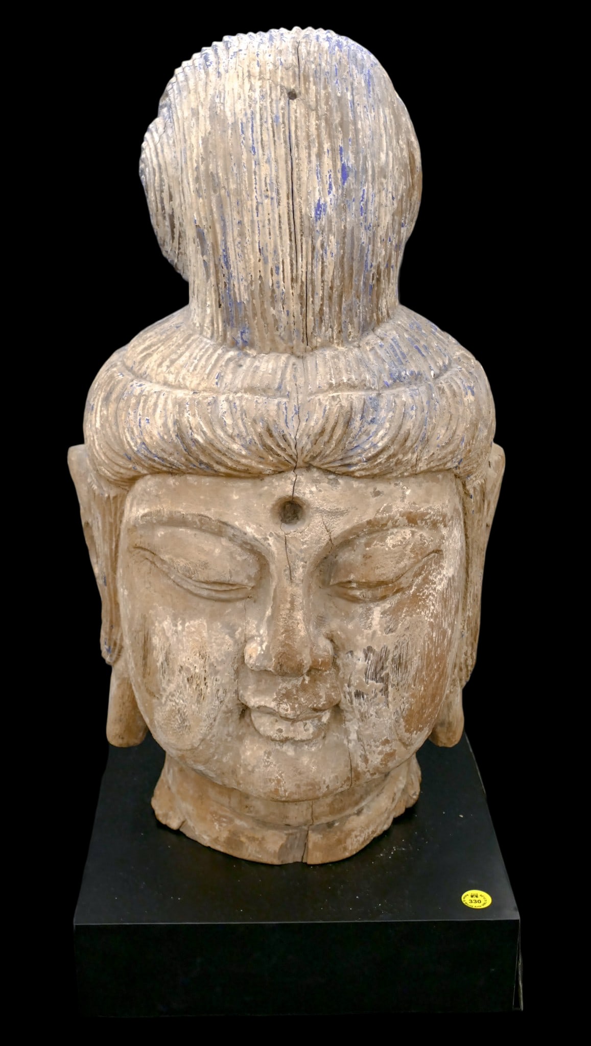 Chinese Large Polychrome Wood Guanyin Head on Stand (1 of 1)