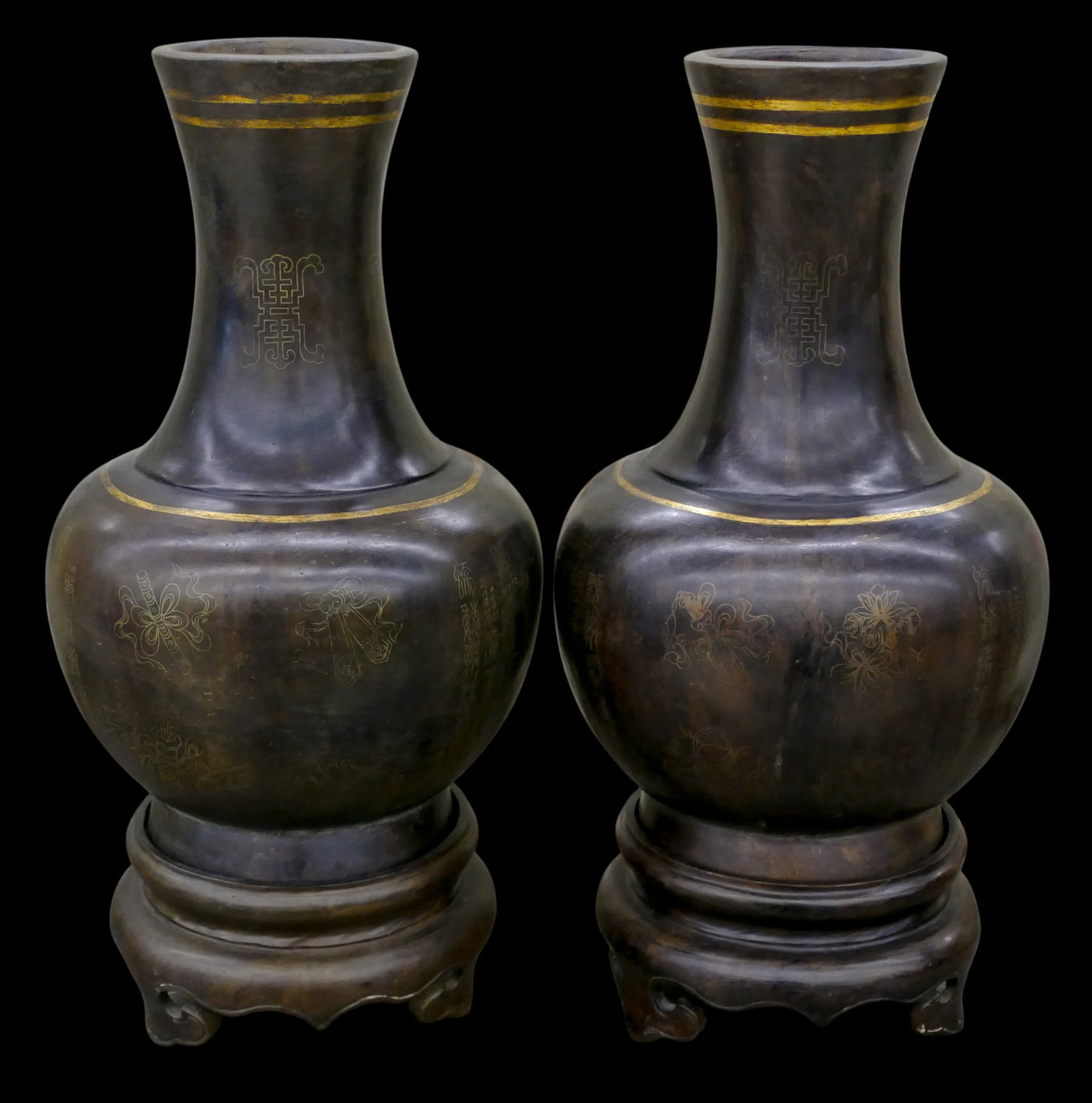 Pair Chinese Heavy Bronze Shou Vases on Stands (1 of 1)