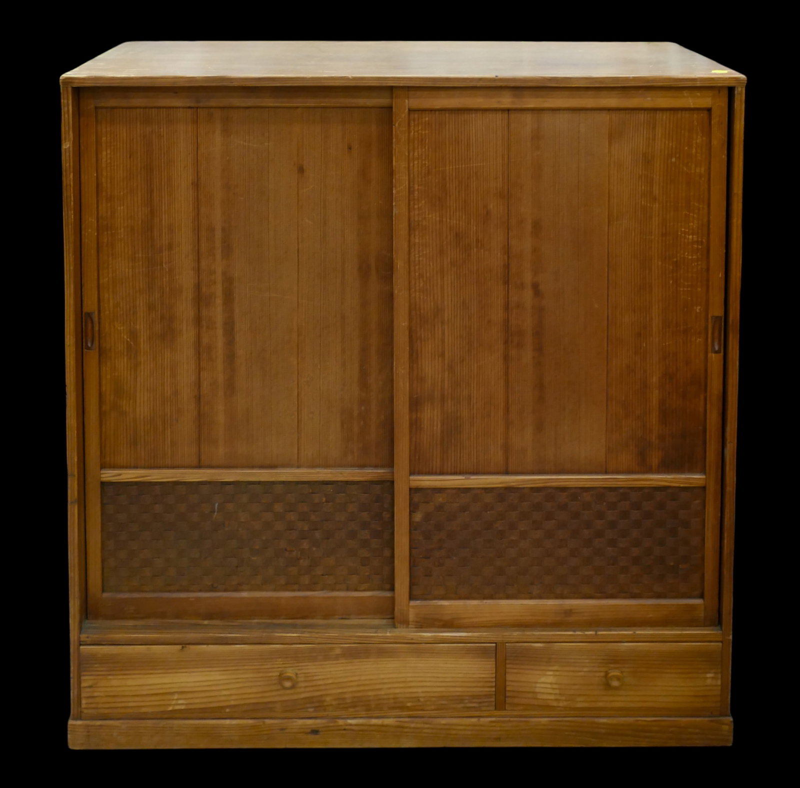 Old Japanese Wood Cha Tansu Tea Cabinet: Old Japanese Wood Cha Tansu Tea Cabinet 34.5"x33.5"x14.5". One drawer is lined in copper. Scattered surface wear from age.