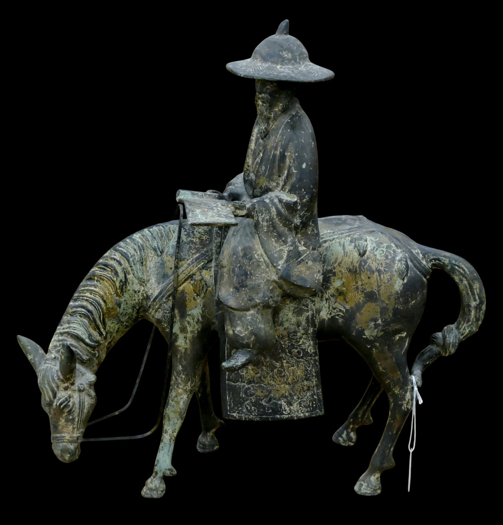 Old Chinese Cast Iron Toba on his Mule Statue: Old Chinese Cast Iron Toba on his Mule Statue 18"x17". Some scattered surface wear from age.