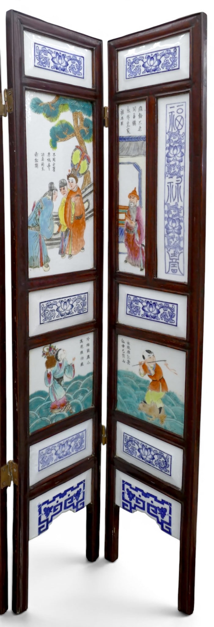 Old Chinese Porcelain Plaque 8-Panel Folding Table Screen - 5