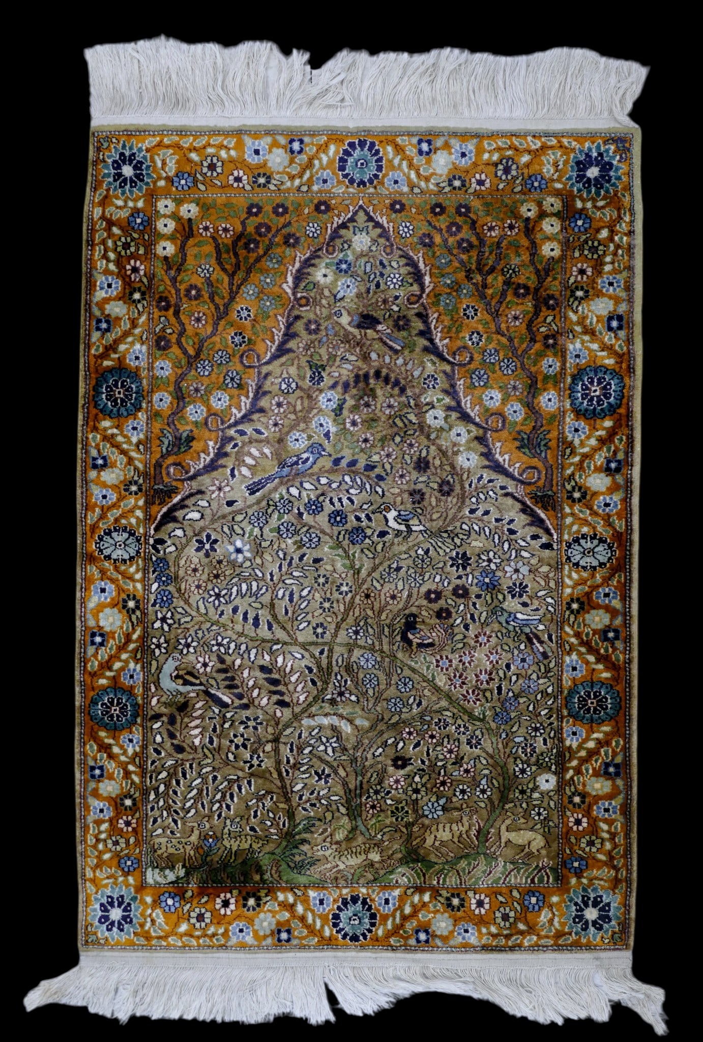 Fine Persian Style Tree of Life Small Silk Rug: Fine Persian Style Tree of Life Small Silk Rug 2'1"x3'2". Excellent condition.