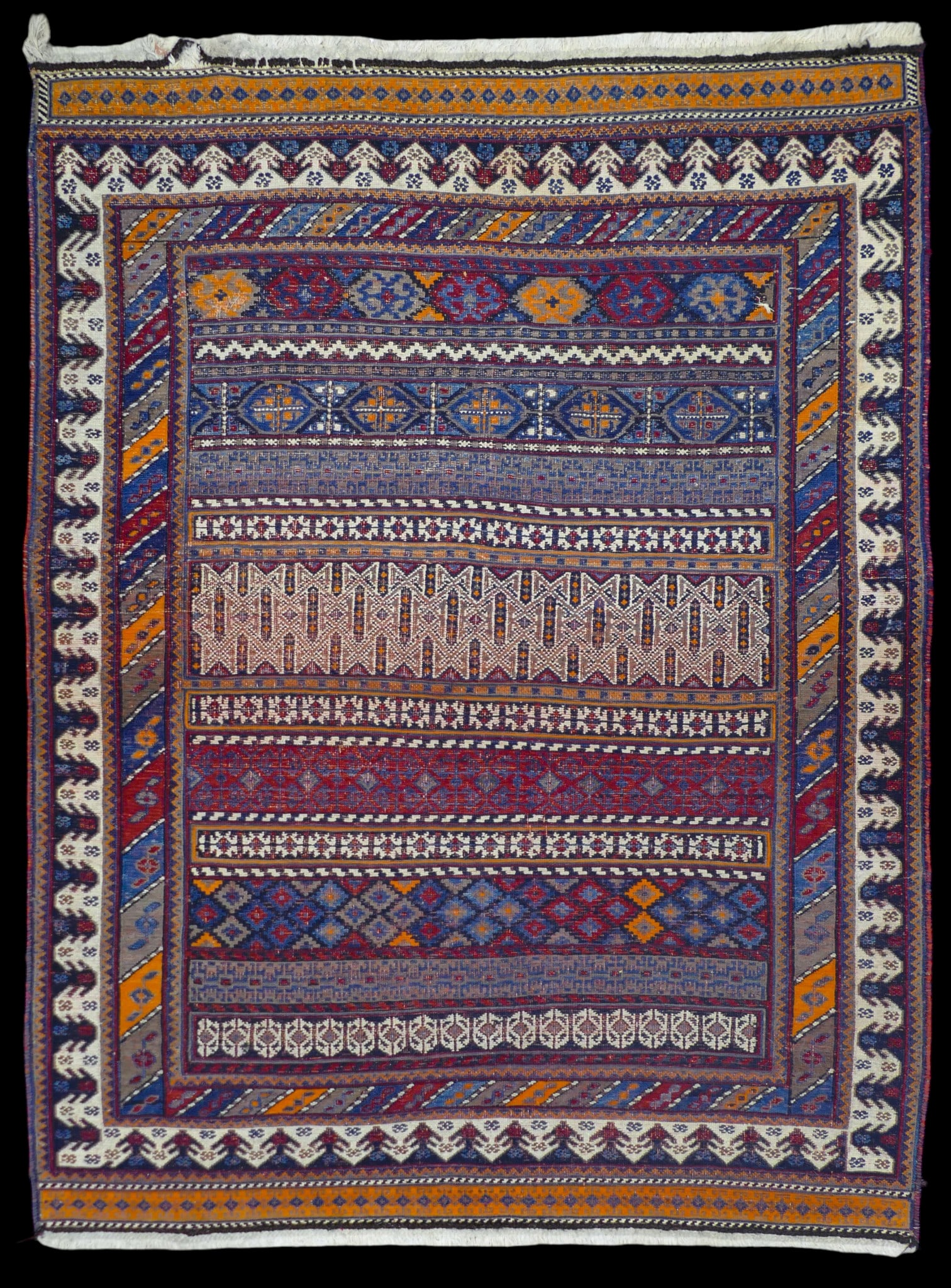 Caucasian Soumak Oriental Rug: Caucasian Soumak Oriental Rug 5'x7' Approx. Banded geometric design. Overall excellent condition.