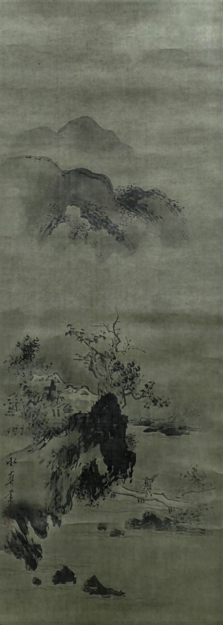 Eishin Yasunobu Edo Period Japanese Scroll Painting: Eishin Yasunobu Edo Period Japanese Scroll Painting 45"x16" Image. Ink on silk. Signed lower left with artist schop seal. Comes in original tomobako. Purchased Uchida Woodblock Printing Co. 1963 with