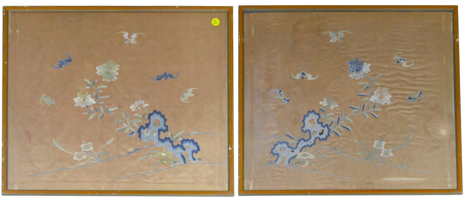 Pair Antique Chinese Silk Embroidered Bat and Flower Panels Framed (1 of 3)