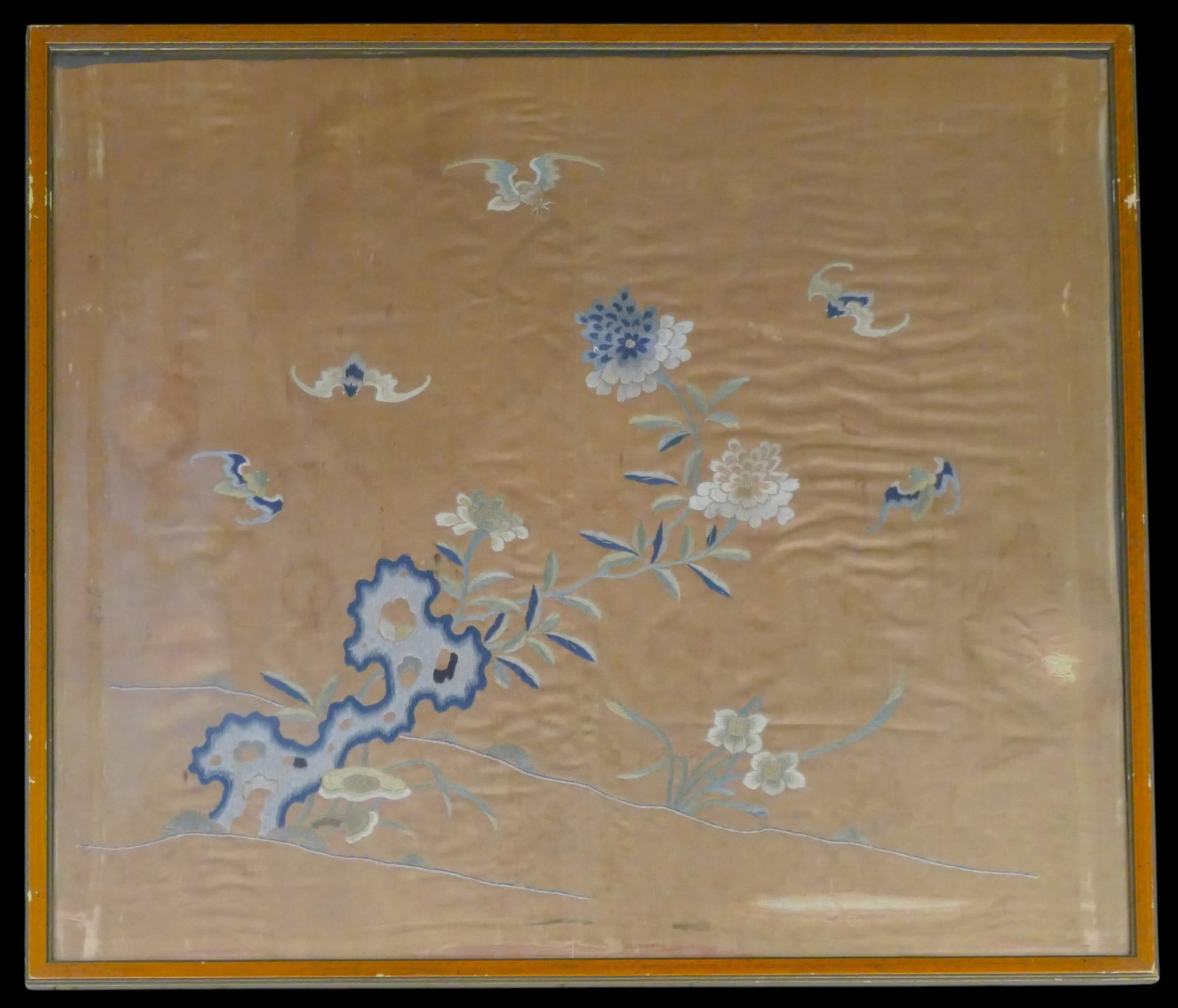 Pair Antique Chinese Silk Embroidered Bat and Flower Panels Framed - 3