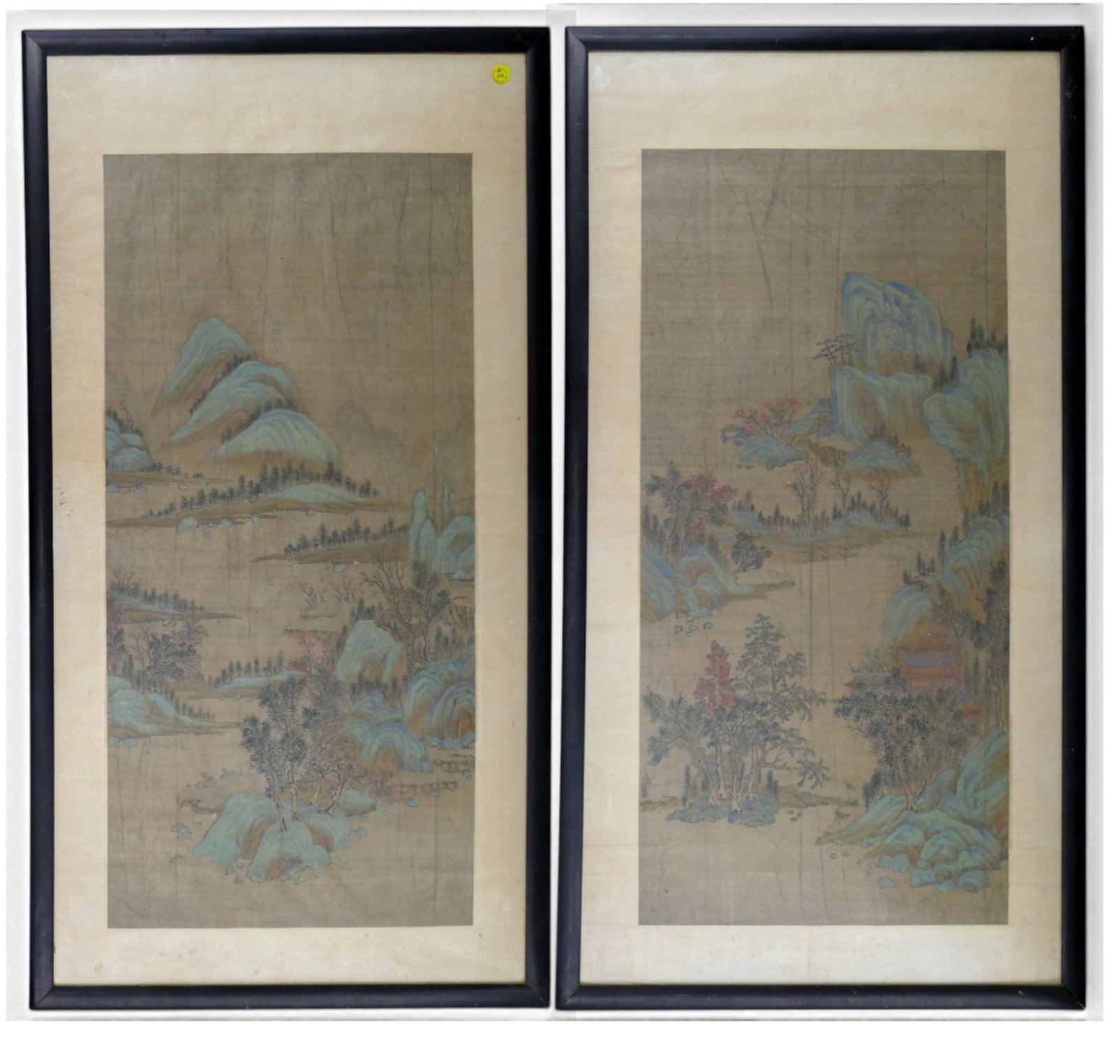 Pair Antique Chinese Mountainous Landscape Scroll Paintings Framed (1 of 3)