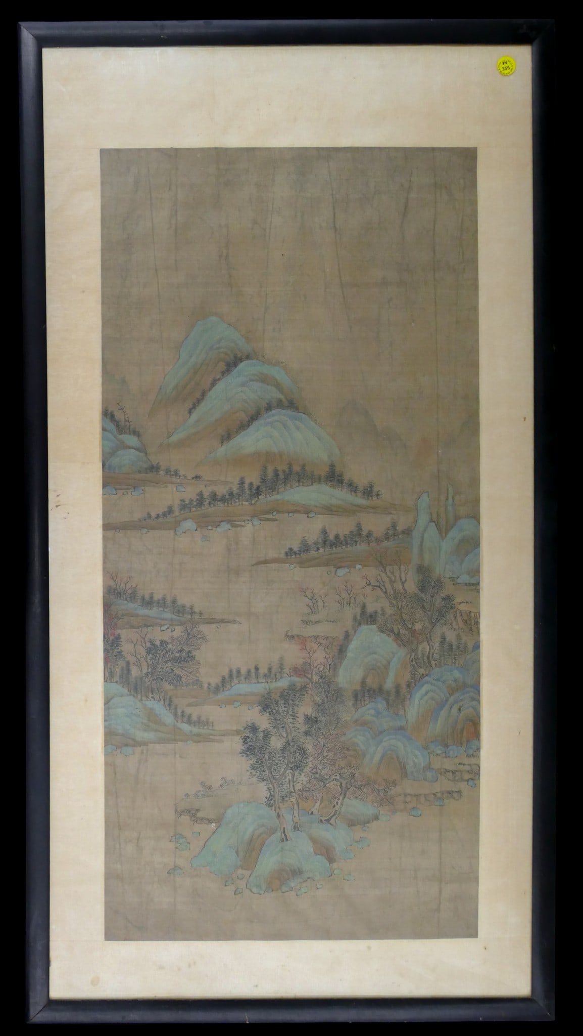 Pair Antique Chinese Mountainous Landscape Scroll Paintings Framed - 2