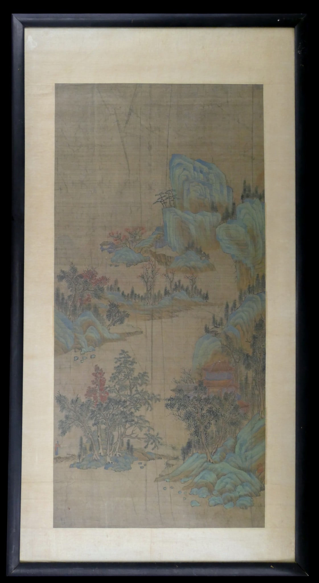 Pair Antique Chinese Mountainous Landscape Scroll Paintings Framed - 3