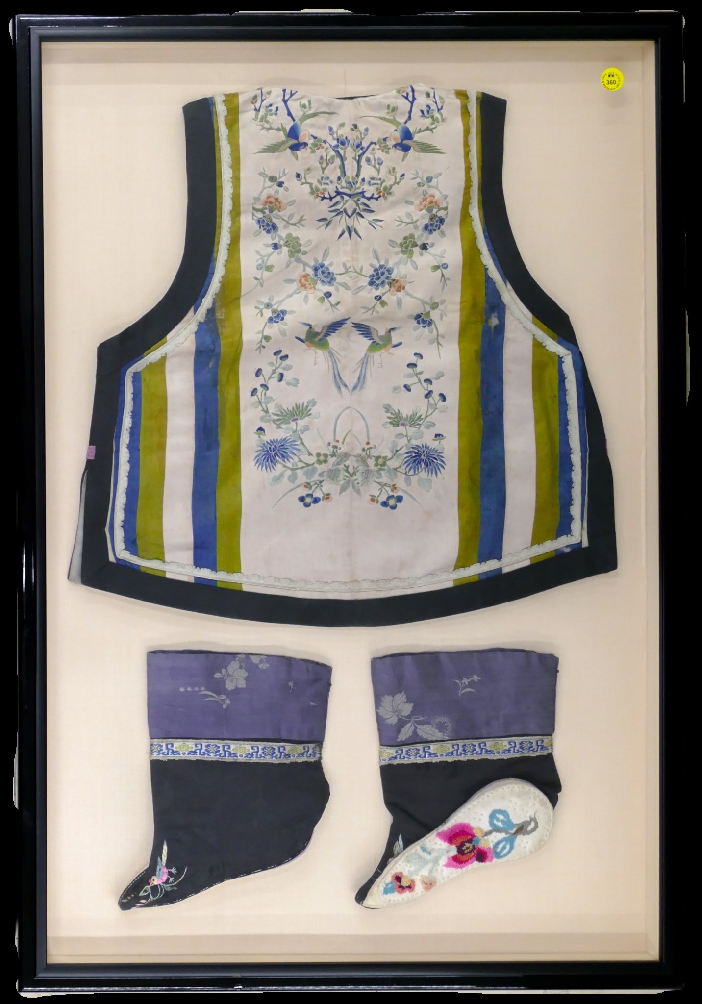 Old Chinese Silk Embroidered Child's Vest and Shoes Framed (1 of 1)