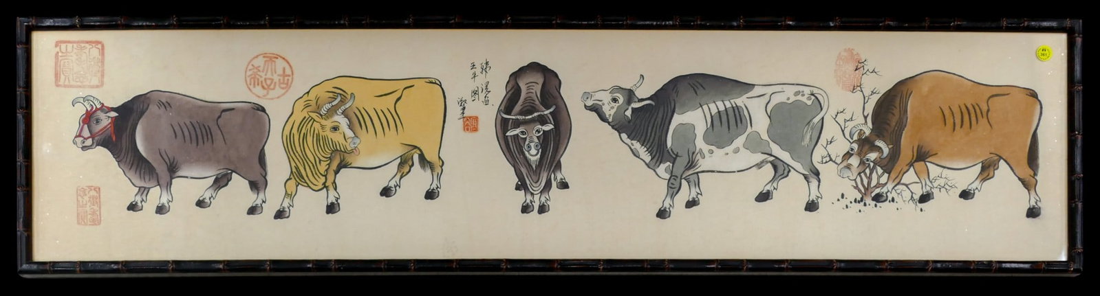 Old Chinese Five Oxen Watercolor on Paper Framed (1 of 1)