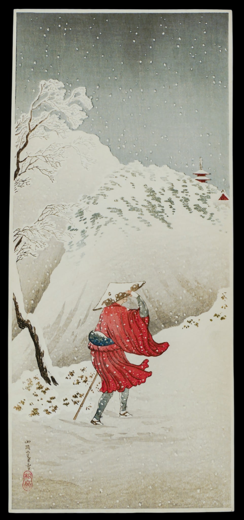Shotei Takahashi "Priest in the Snow on Mountain Path" Woodblock Print: Shotei Takahashi "Priest in the Snow on Mountain Path" Woodblock Print 15"x6.5" Sheet. Excellent condition with strong colors. Loose, unframed.