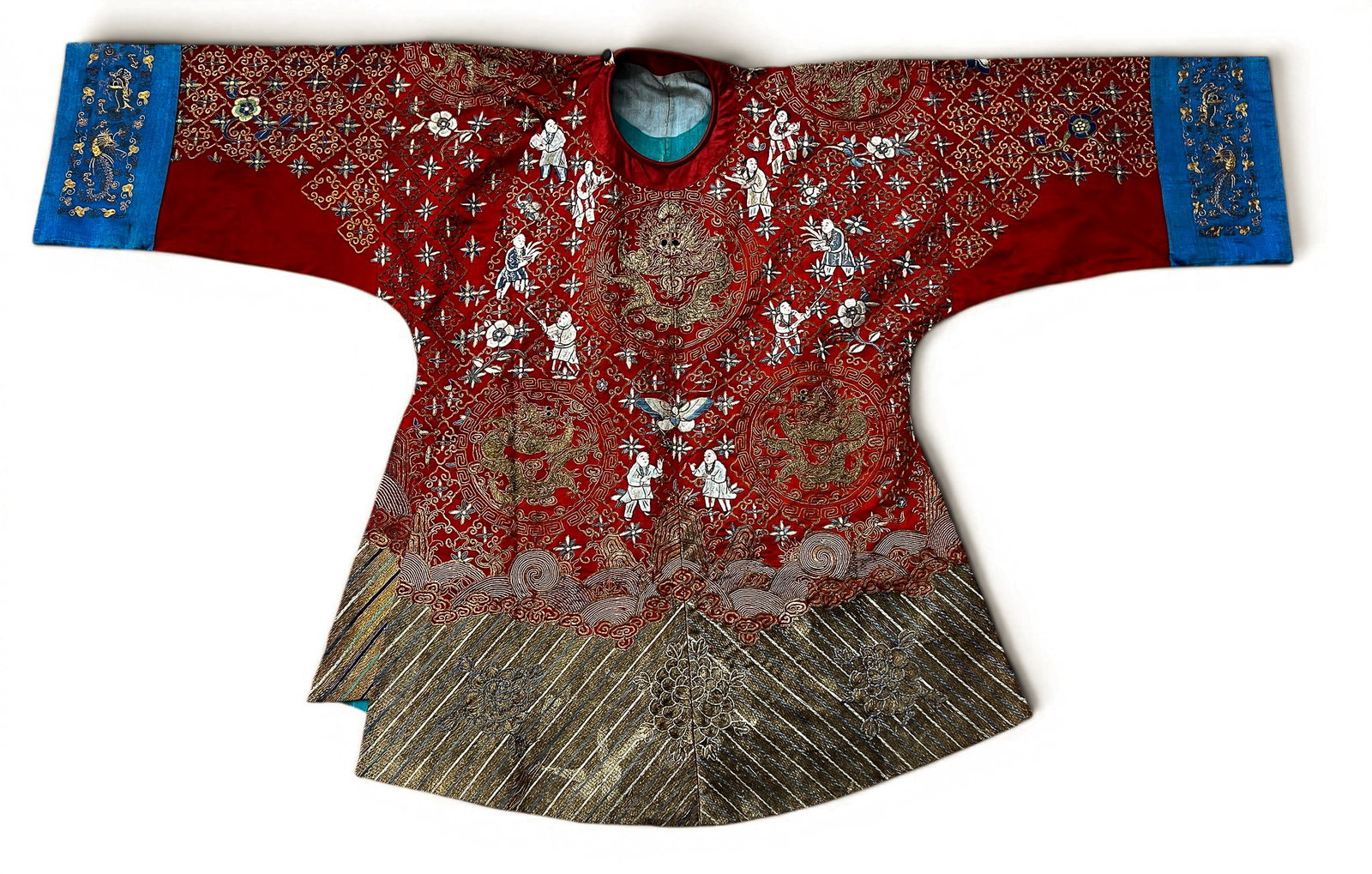 Old Chinese Red Silk Gold Thread Embroidered Dragon Robe: Old Chinese Red Silk Gold Thread Embroidered Dragon Robe 38"x60". Coral red ground with eight gold thread five-clawed dragon medallions and polychrome silk attendants. Some minor scattered edge fray. 
