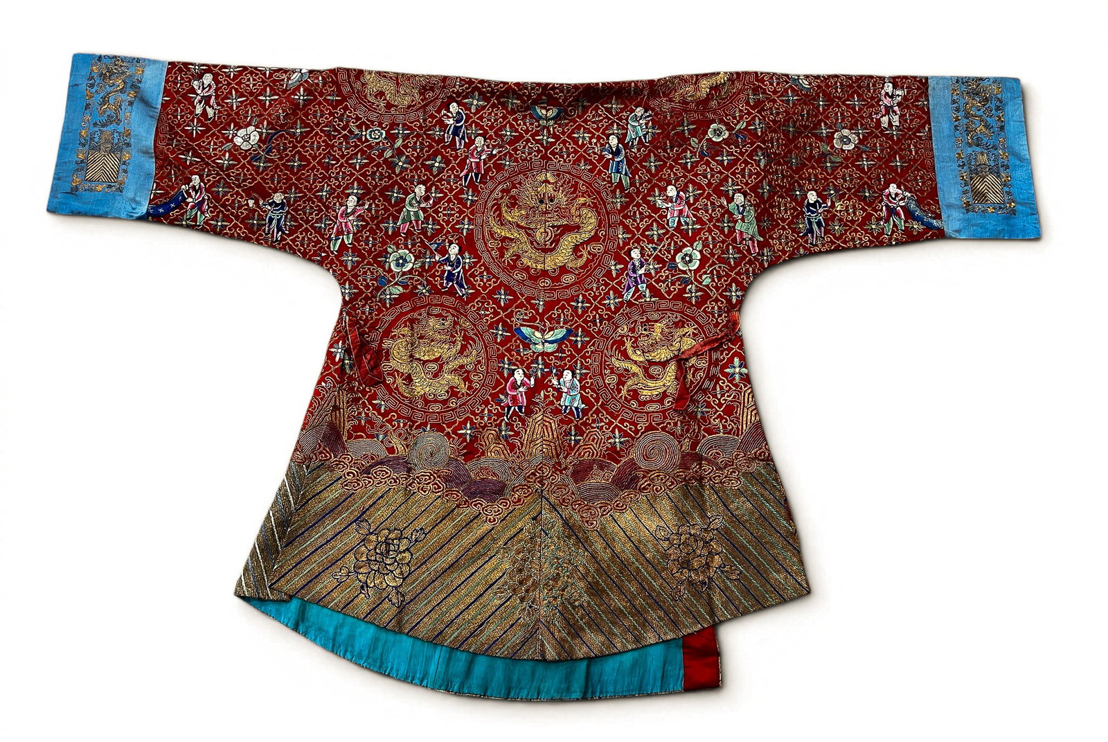 Old Chinese Red Silk Gold Thread Embroidered Dragon Robe - 2