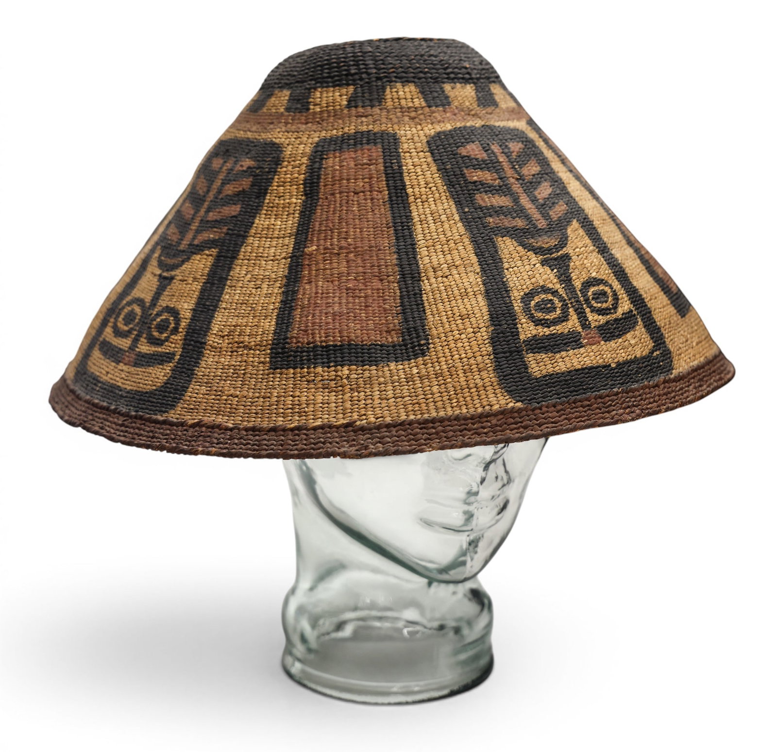 Antique Nuu-Chah-Nulth Indian Painted Basketry Hat: Antique Nuu-Chah-Nulth Indian Painted Basketry Hat 7"x13". Polychrome painted inverted copper motifs. Some minor loss to inner headband weaving. Overall excellent condition with original paint. 19th