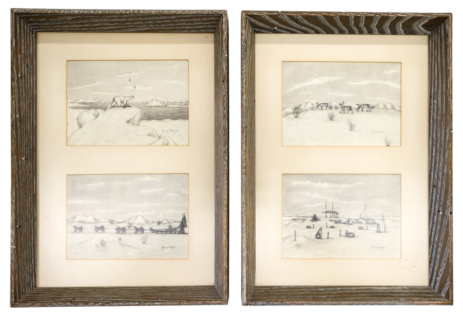 Pair George Ahgupuk Eskimo Diptych Ink Drawings Framed: Pair George Ahgupuk (1911-2001 Alaska) Eskimo Diptych Ink Drawings Framed 15.5"x11.5" Each. Consists of four original drawings of various Eskimo genre scenes. Each is signed l.r. and measures 5"x7"