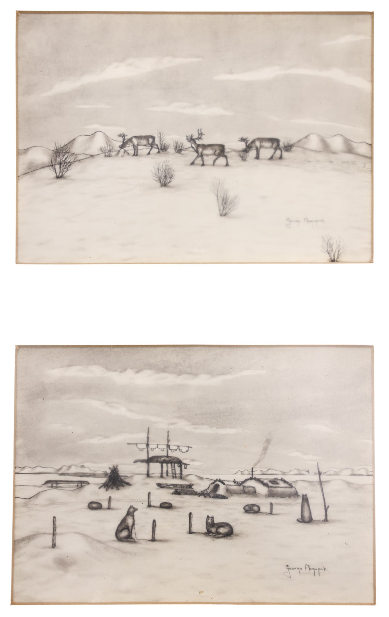 Pair George Ahgupuk Eskimo Diptych Ink Drawings Framed - 2